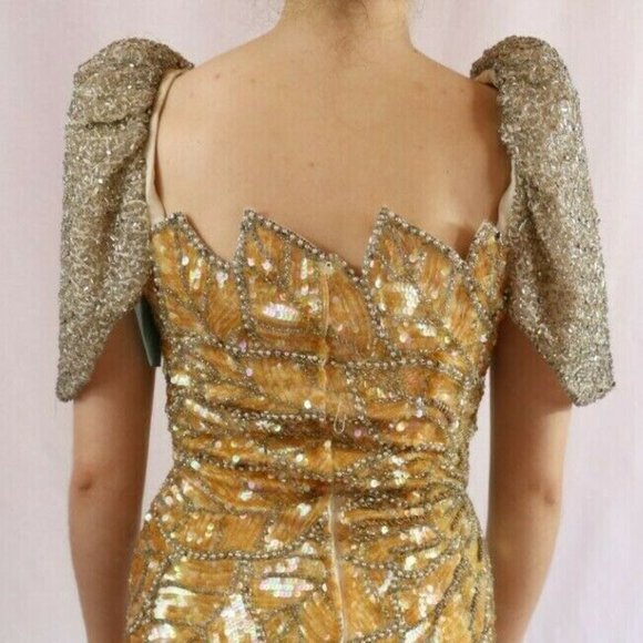 Vintage 80's Beaded Evening Gown Dress Gold/Silver Asymmetrical Sequin NWOT - Picture 9 of 12